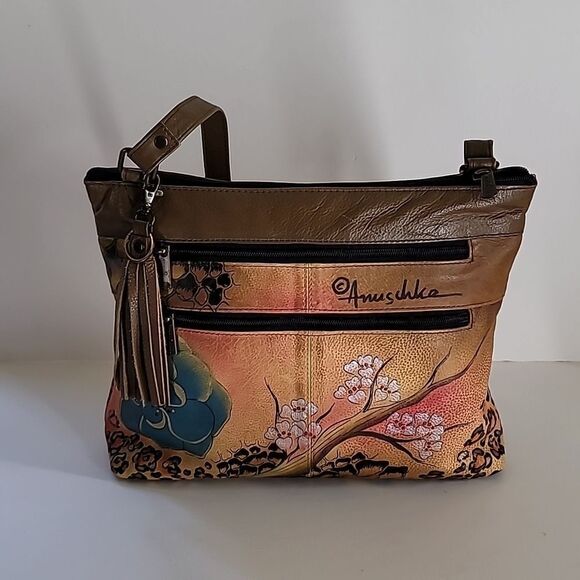 Anuschka Leather Hand Painted Artist Handbag & Coin Purse Floral Signed - Picture 6 of 9